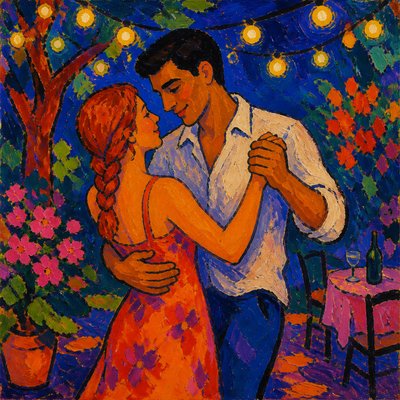 an original couple dancing under string lights in a garden at dusk: a man with short black hair in a linen shirt and a woman with braided red hair in a summer dress