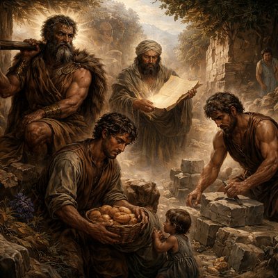 “And the sons of Onam were, Shammai, and Jada. And the sons of Shammai; Nadab, and Abishur.” (1 Chronicles 2:28, KJV)
Show Onam as having the gift of strength. Show Shammai as being poor in spirit. Show Jada as having the gift of knowing. Show Nadab as having the gift of generosity. Show Abishur as a mason. 