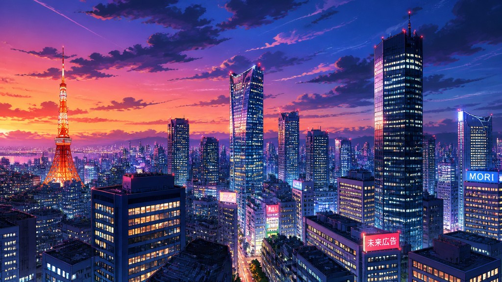 a city skyline panorama at dusk with glowing windows, no people