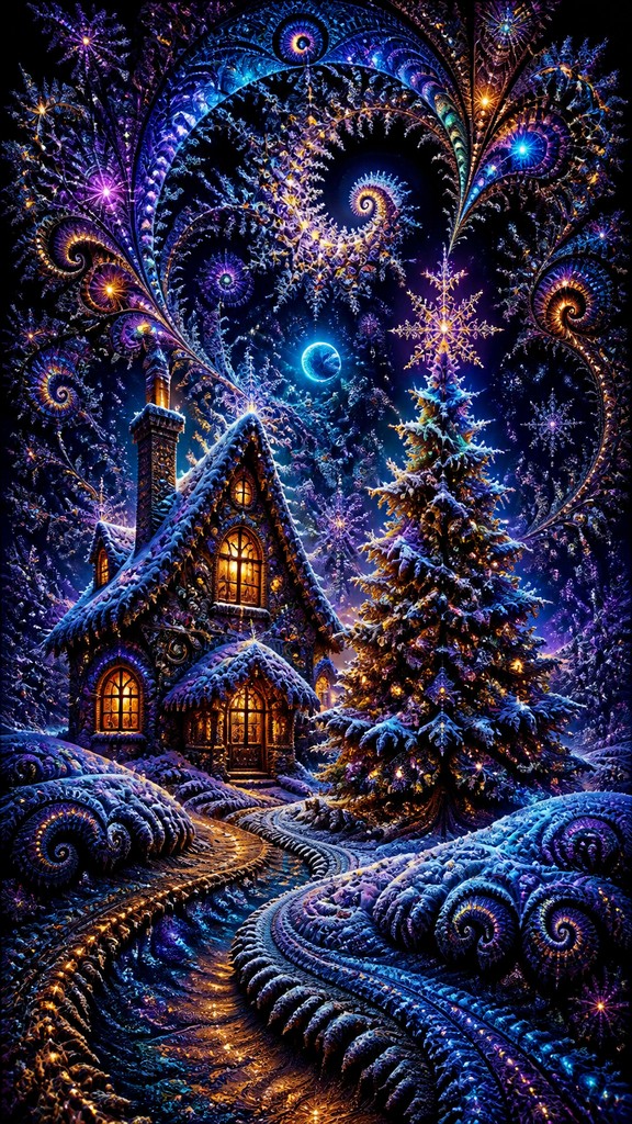 a snow-covered cottage with warm glowing windows beside a decorated pine tree, gentle snowfall, no text