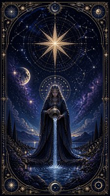 a robed figure pouring water beneath a large eight-pointed star in a night sky, symmetrical composition with an ornate decorative border, no text
