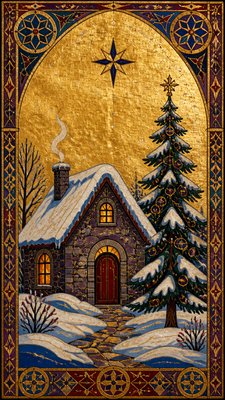 a snow-covered cottage with warm glowing windows beside a decorated pine tree, gentle snowfall, no text