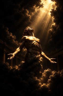a painting of a man standing in the clouds
