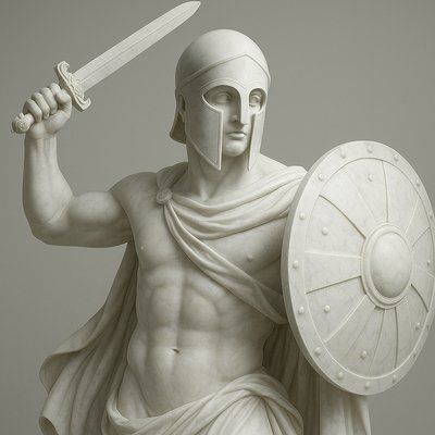 a statue of a man holding a sword and shield