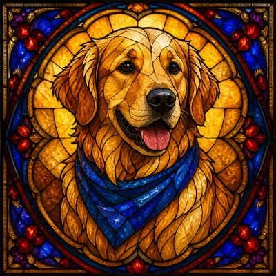 portrait of a golden retriever wearing a blue bandana, warm plain backdrop, no text