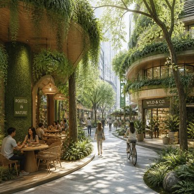 urban street with city activity — Biophilic Interior Design