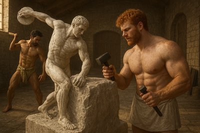 a man holding a hammer next to a statue of a man