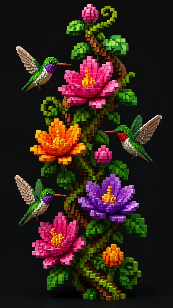 a climbing vine of flowers and hummingbirds on a dark background, tall wrapping composition, no text