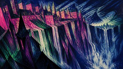a cliffside city with waterfalls cascading into a misty canyon, wide establishing shot, no people, no text