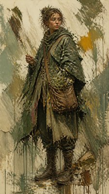 full-body original character: a wandering botanist with a satchel of plants, a patched green cloak, tall boots and round glasses, neutral background