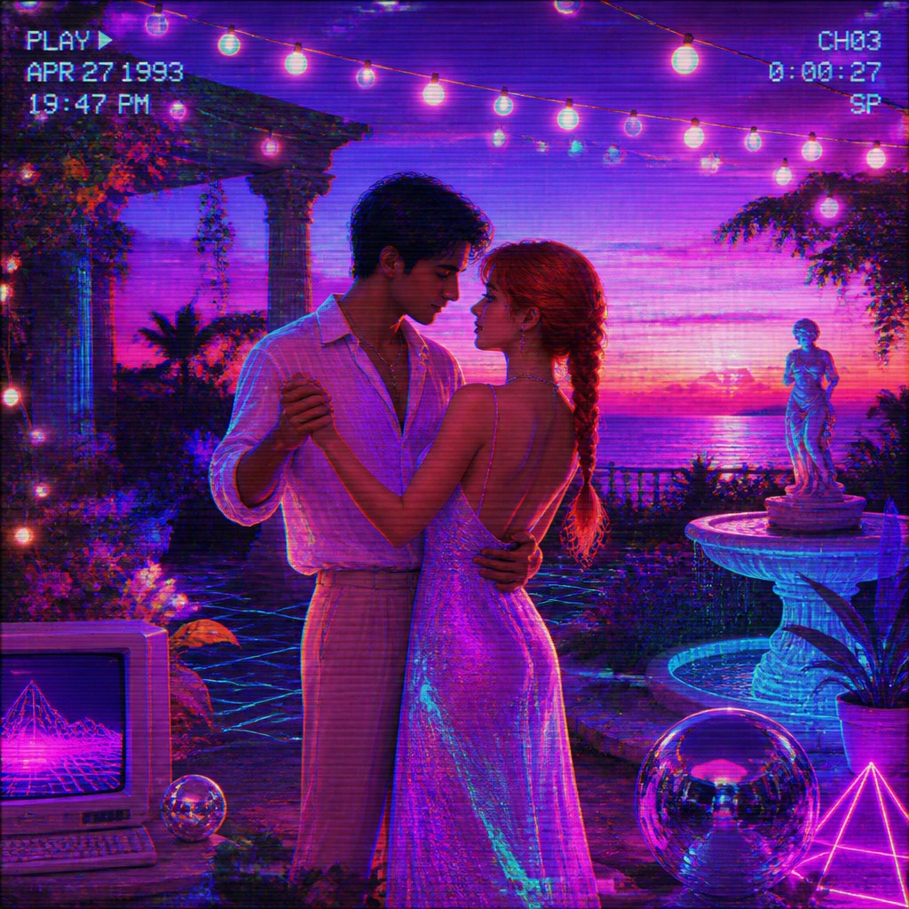 an original couple dancing under string lights in a garden at dusk: a man with short black hair in a linen shirt and a woman with braided red hair in a summer dress