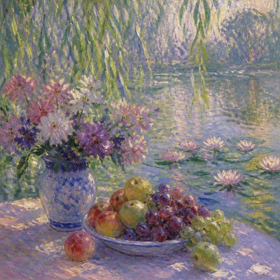 still life arrangement of fruits and flowers