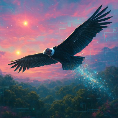 Hyper-realistic Andean condor flying in the sky over a forest, leaving a shimmering trail of glittering sparkles where it goes, extreme detail, photorealistic, cinematic lighting