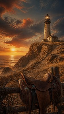 a lone lighthouse on a cliff at dusk under a dramatic sky, no text or lettering