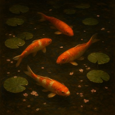 A koi pond seen from above, orange and white koi fish swimming among lily pads, clear water with subtle ripples, fallen cherry blossom petals floating on the surface, dappled sunlight