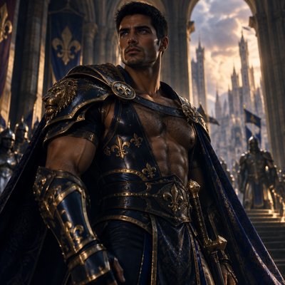 Je veux que tu me fasses un guerrier, tres modern avec une armure moderne genre full bleu nuit doré on voit ses muscle et il a pas de barbe et des cheveux lisse court il est hot et un peu poilu pour le realisme il est brun cheveux noir et a des yeux bleu foncé vif on dirait presque un dieu dans le theme des rois de france ancien modern