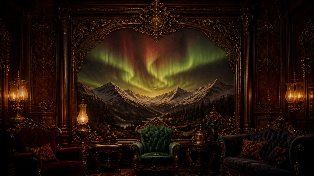 a flowing aurora over snowy peaks, wide sweeping composition, no people, no text