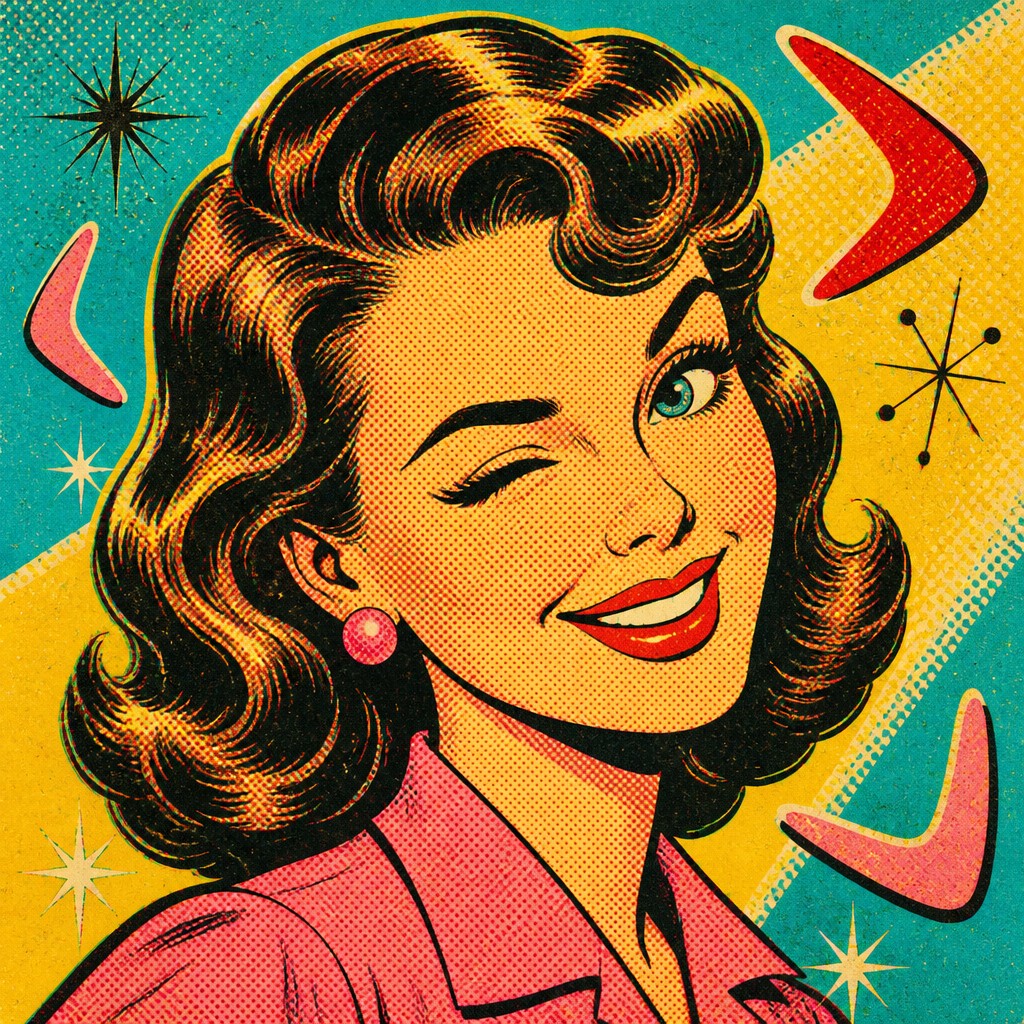 head-and-shoulders portrait of an original character: a young woman with wavy chestnut hair and a warm smile, plain soft backdrop