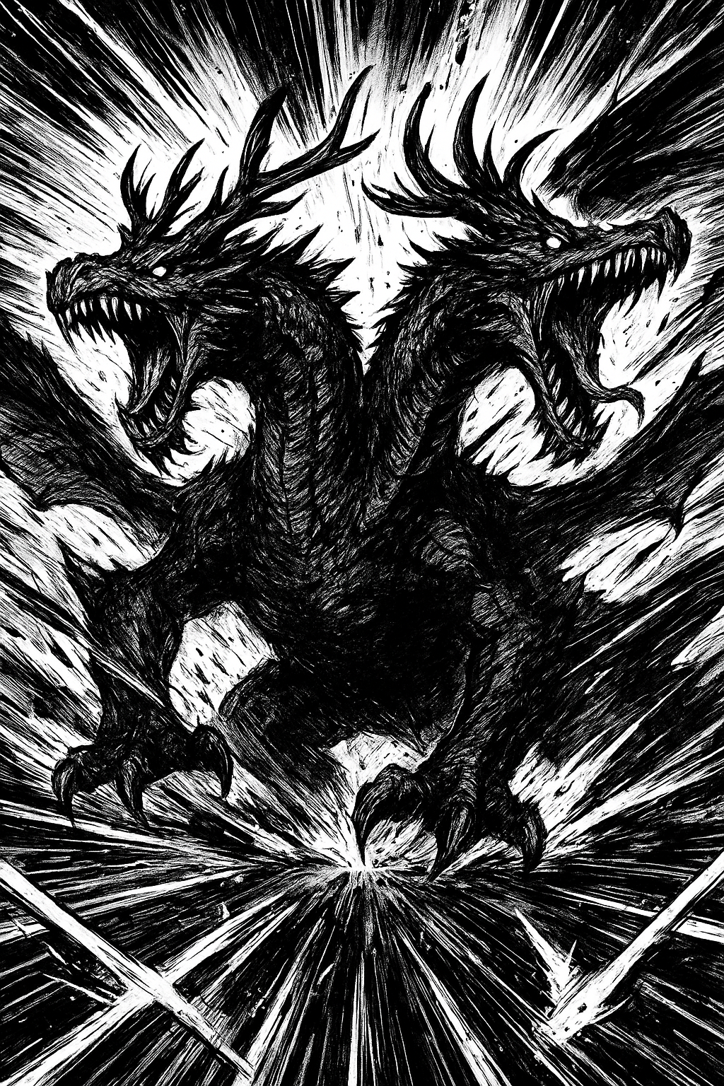 a black and white drawing of a dragon