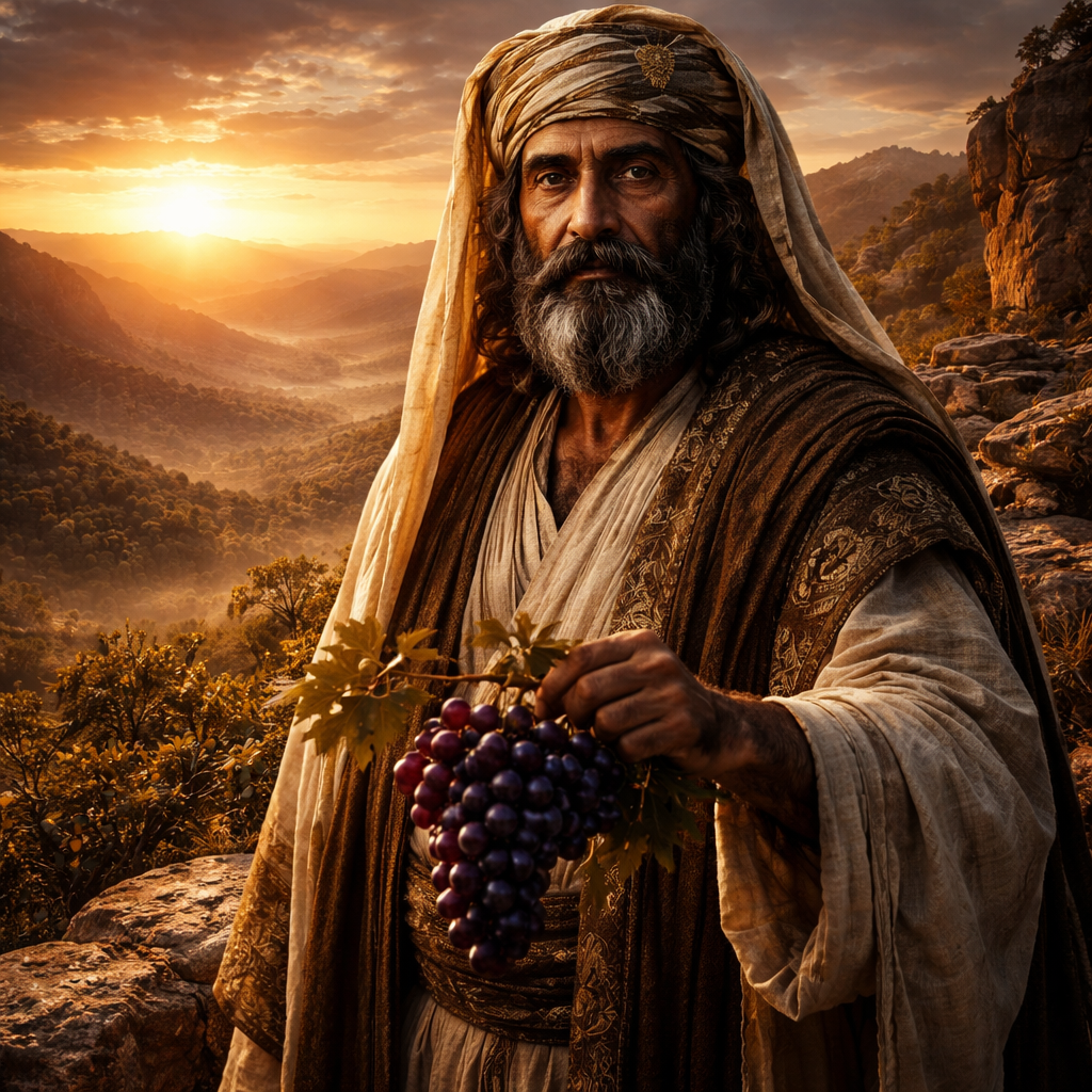 A cinematic portrait of a noble man named Shaho, appearing as an ancient Near Eastern patriarch with a groomed dark beard and weathered, wise eyes. He is wearing heavy linen robes and stands atop a rocky terrace of Mount Lubar. In one hand, he holds a vine branch with deep purple grapes. Behind him, the sun sets over a misty valley, illuminating the "First Vineyard." Hyper-realistic, 8k, dramatic lighting, epic historical film style.
