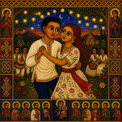 an original couple dancing under string lights in a garden at dusk: a man with short black hair in a linen shirt and a woman with braided red hair in a summer dress