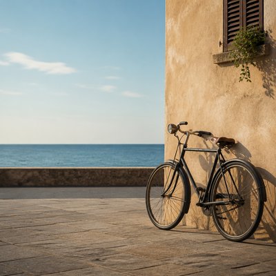 bicyle resting against a wall