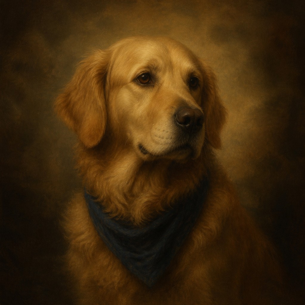 portrait of a golden retriever wearing a blue bandana, warm plain backdrop, no text