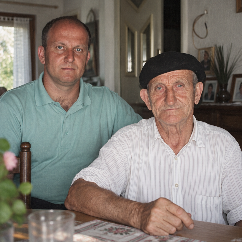 two men sitting at a table in a room