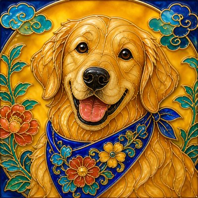 portrait of a golden retriever wearing a blue bandana, warm plain backdrop, no text