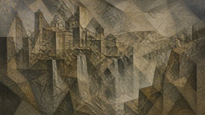 a cliffside city with waterfalls cascading into a misty canyon, wide establishing shot, no people, no text