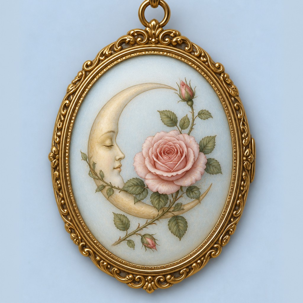 a rose entwined with a crescent moon, clean balanced composition on a plain background, no text