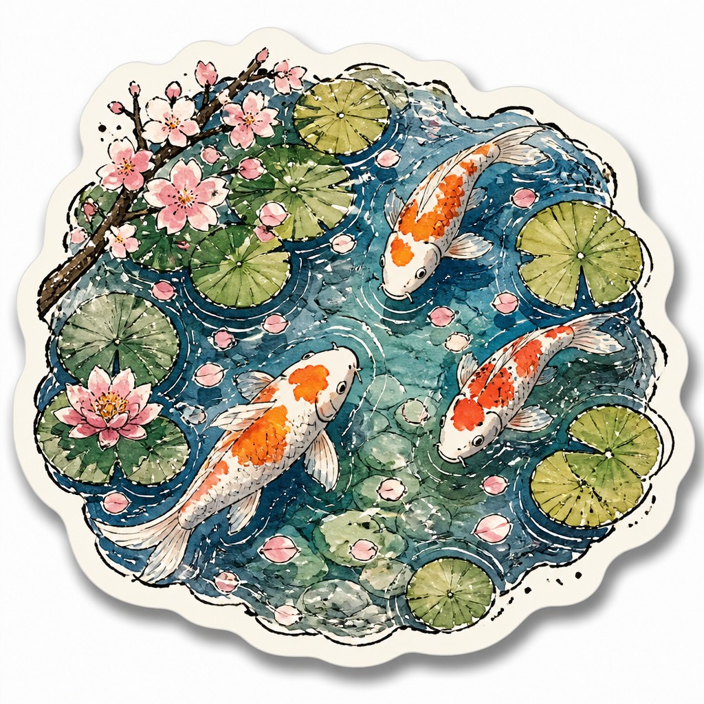 A koi pond seen from above, orange and white koi fish swimming among lily pads, clear water with subtle ripples, fallen cherry blossom petals floating on the surface, dappled sunlight
