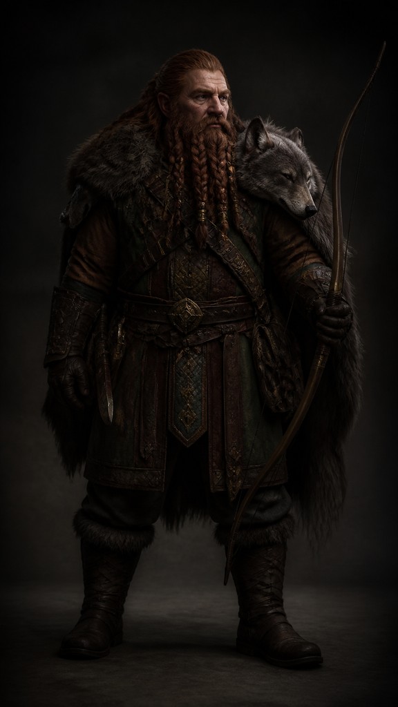 full-body original character: a dwarven ranger with a braided auburn beard, worn leather armor, a longbow and a wolf-pelt cloak, neutral background, no text