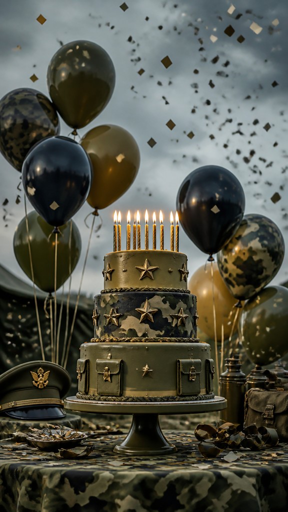 a birthday cake with lit candles surrounded by balloons and confetti, festive vertical composition, no text