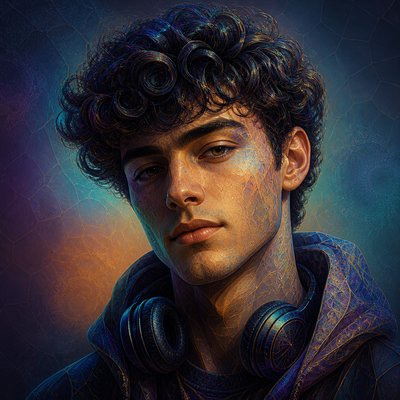 head-and-shoulders portrait of an original character: a young man with curly dark hair and headphones around his neck, plain backdrop, no text
