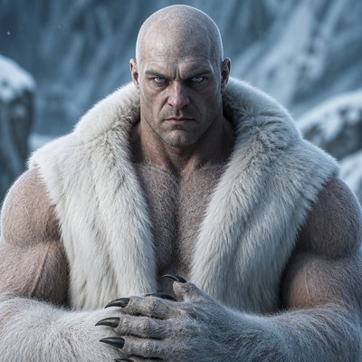 Fais moi une dieu blanc et fort avec des cheveux blond cour et  il  est habille en fourrure  d’ourse blanc sans bijou il représente la dieu de la glace et du pole nord. c’est une humain avec des yeux ferroses, il a pas de barbe ses cheveux sont inexistants il est chauve, il a la 50 ene, il est realiste. Il  a le corps genre humain genre il est recouvert de vetement en peau d’ourse blanc, il est poilu (poil blanc) sur son torse et bras et il est chauve presque mais feroce et fort   Juste il a des griffes d’ourse , il a un gilet mais sans manches 