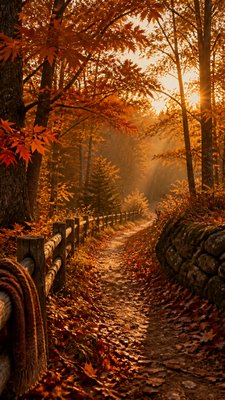 a winding forest path in golden autumn light, no people