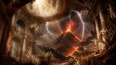 an erupting volcano with lightning strikes, dramatic wide composition, no text
