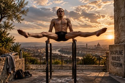 a shirtless man doing a split on a pole