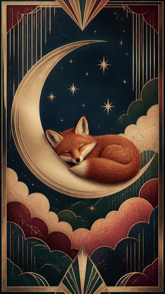 a sleeping baby fox curled on a crescent moon among soft stars, gentle and warm, no text