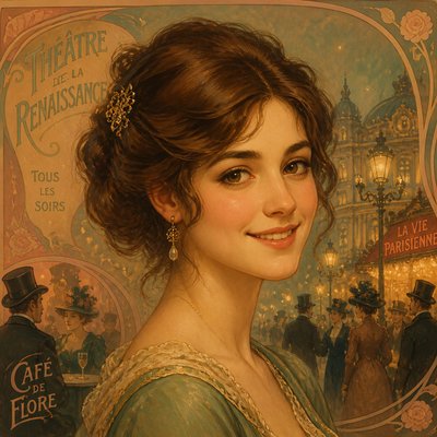 head-and-shoulders portrait of an original character: a young woman with wavy chestnut hair and a warm smile, plain soft backdrop