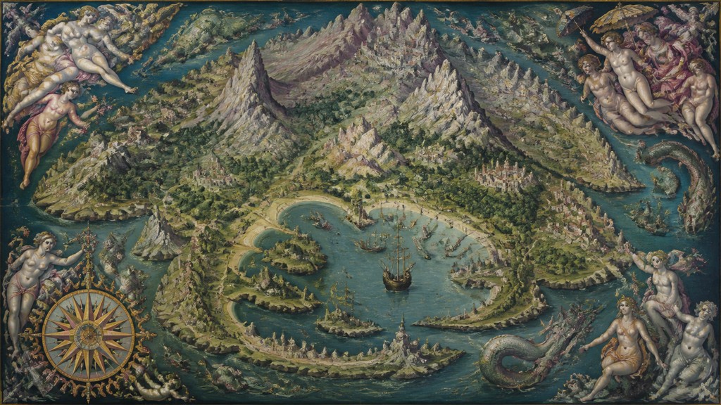 a map of an island realm with mountains, forests, a sheltered bay, sea monsters in the water and a compass rose, no text labels
