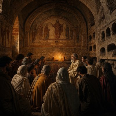early Christians gather to worship in the catacombs of Rome