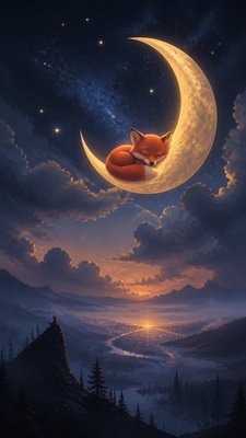 a sleeping baby fox curled on a crescent moon among soft stars, gentle and warm, no text
