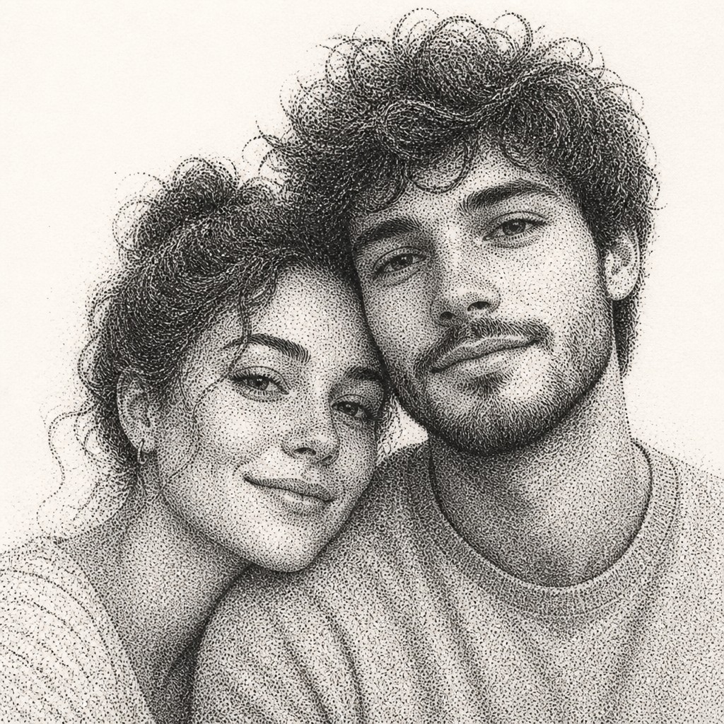 portrait of two people together — Stippling Dotwork Style