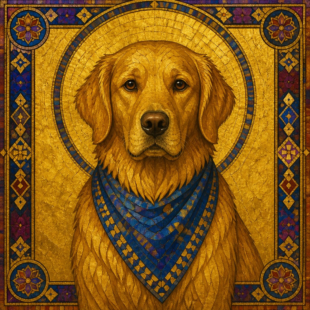 portrait of a golden retriever wearing a blue bandana, warm plain backdrop, no text