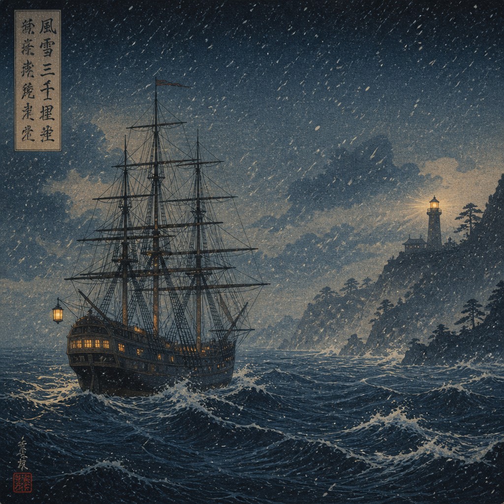 sailing ship on a stormy sea — Shin-hanga Print Style