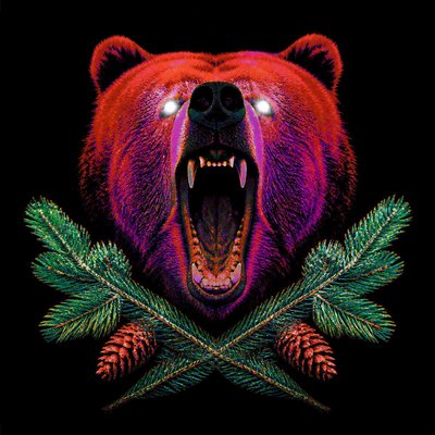 a roaring bear head above crossed pine branches, bold graphic composition on a plain background, no text