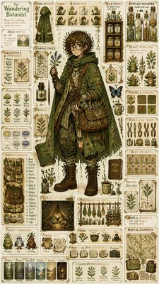 full-body original character: a wandering botanist with a satchel of plants, a patched green cloak, tall boots and round glasses, neutral background