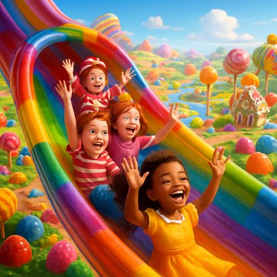 A thrilling and vibrant scene from the board game Candy Land, capturing the excitement of sliding down its biggest, most iconic slide. The slide itself is massive, curving, and made entirely of a glistening, colorful candy material, like a giant, rainbow-striped candy cane or smooth, translucent hard candy. A cheerful, diverse group of children (or classic Candy Land characters like Princess Lolly or Mr. Mint) are depicted in mid-descent, laughing and filled with joy, their hands in the air.

Below and around the slide, the fantastical landscape of Candy Land stretches out: rolling hills of frosting, lollipop trees, rivers of chocolate, gingerbread houses, and giant gumdrops. The colors are incredibly vivid and saturated, creating a truly fantastical and edible world. The perspective is dynamic, looking down the slide with the characters, enhancing the sense of speed and fun. The lighting is bright and cheerful, emphasizing the candy's sparkle and the overall joyful atmosphere.